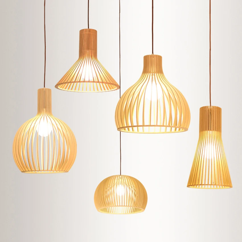 

Nordic Wood Bamboo Pendant Lights Bird Cage Shape For Living Room Restaurant Hall Study Tea Shop Kitchen Hanging Lamp Loft Decor