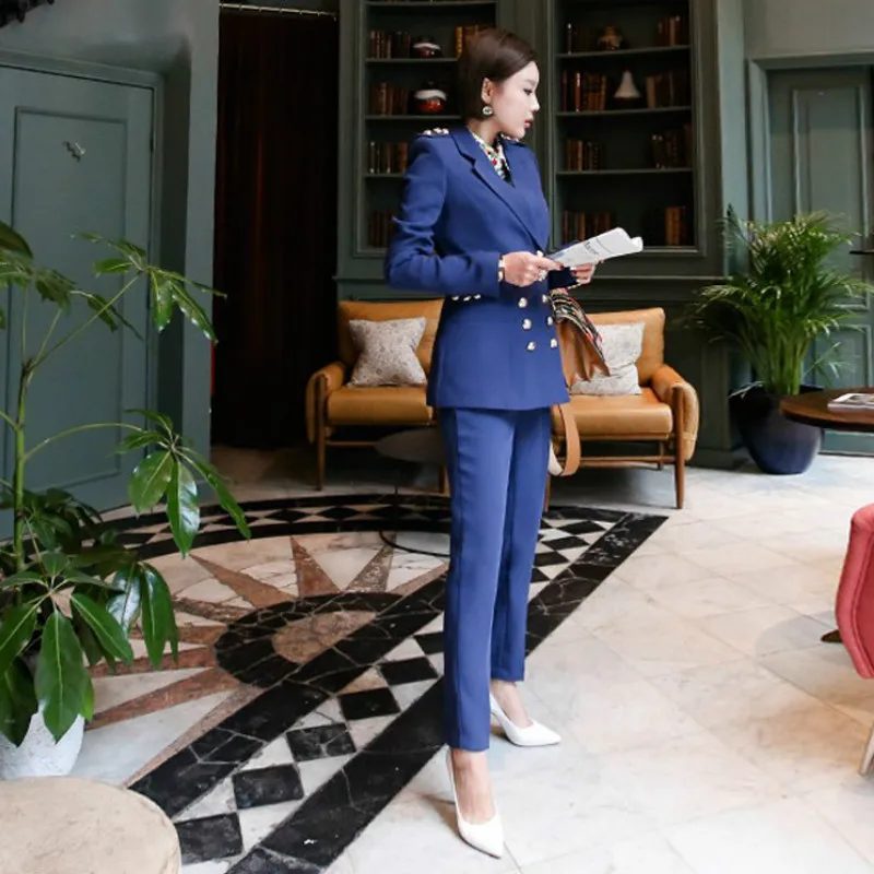 

2019 Winter New Women's jacket Casual blue blazer Double-breasted suit and pants suit High quality business office two-piece