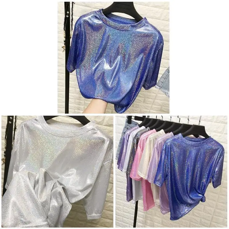 

Hot 2019 Summer Retro Style Stylish Bright Silk Woman Tops Shiny Loose Short Sleeve T-Shirt Sexy Club Harajuku Women T Shirts