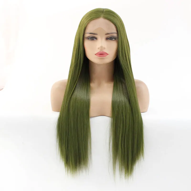 Living Green Long Silky Strtaight Synthetic Lace Front Wig Heat Resistant Fiber Middle Part Natural Hairline For Women Girls Wig