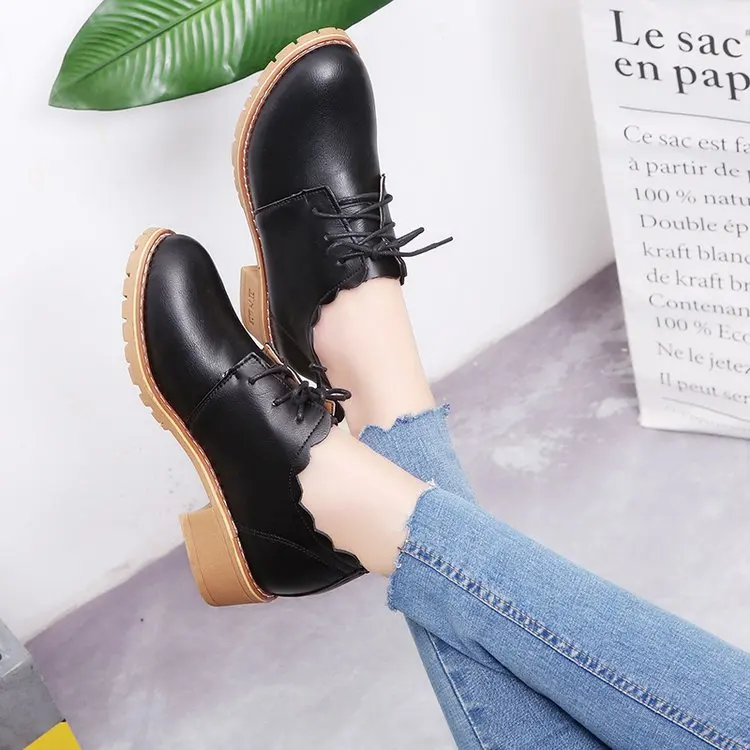 

2018 Leather Shoes Women's College Style Lace-up Vintage Chunky-Heel Semi-high Heeled Shoes New Style Korean-style England WOMEN