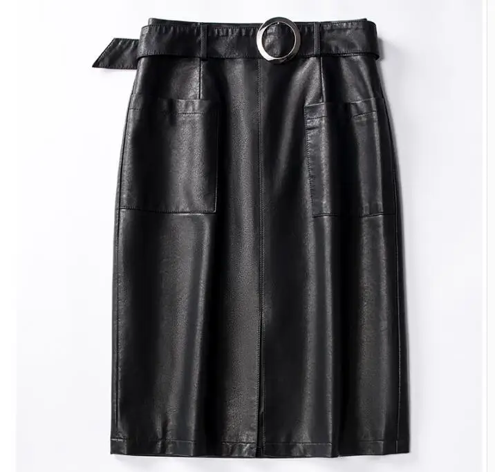 Женские юбки из натуральной кожи, черные, Осенние, зимние, высокая талия, Женская юбка из овчины, высокая талия, юбка-карандаш с поясом, большой размер