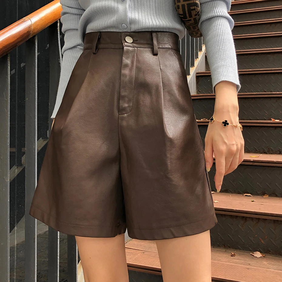 dickies shorts QOERLIN Faux Leather Bermuda Shorts Vintage Chic Imitation PU Shorts Women Fall Winter Wide Leg Loose Casual Shorts Black S-2XL ladies clothes