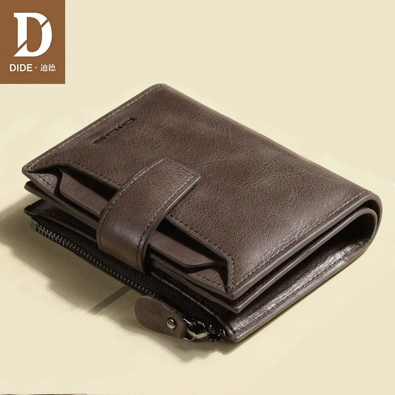 Online DIDE monederos para hombre, carteras de cuero genuino, marca masculina, Vintage, Mini pequeña, con cremallera, monedero corto, tarjetero, caja de regalo fina