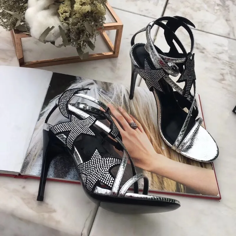 Босоножки женские на шпильке блестящие сандалии с ремешком щиколотке со