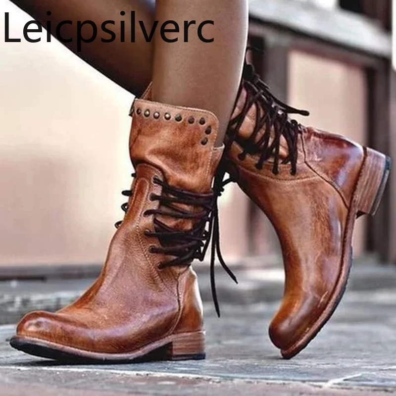 

Women's Boots Spring and autumn The New Round head zipper Lace-up Thick heel Low-heeled Short tube Women's shoes plus size 34-43