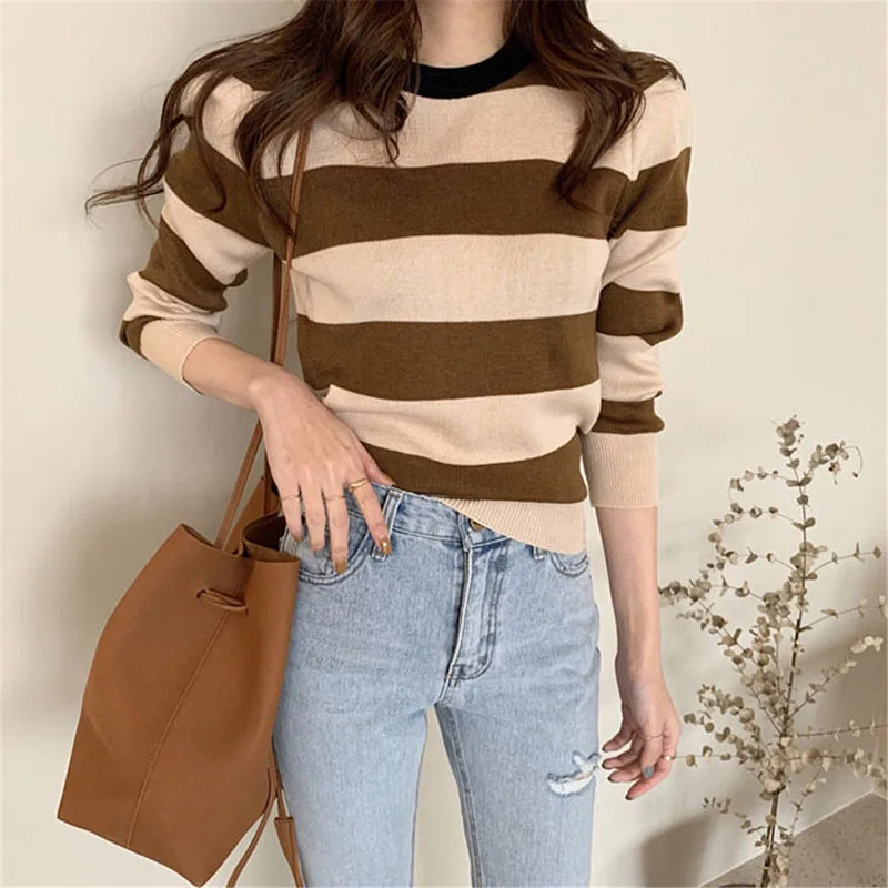 New Black Office Lady Basic Sweater Casual Striped Patchwork Slim Knit Jumper For Women Autumn Winter 2020 Sweater Coat Mujer