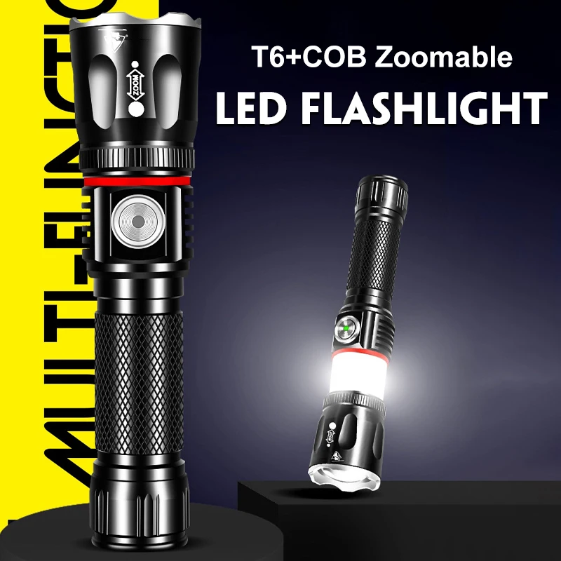 XANES M9 T6+COB Zoomable 4Modes USB Rechargeable LED Flashlight Outdoor Waterproof 18650 Flashlight with Tail Magnetic Suction