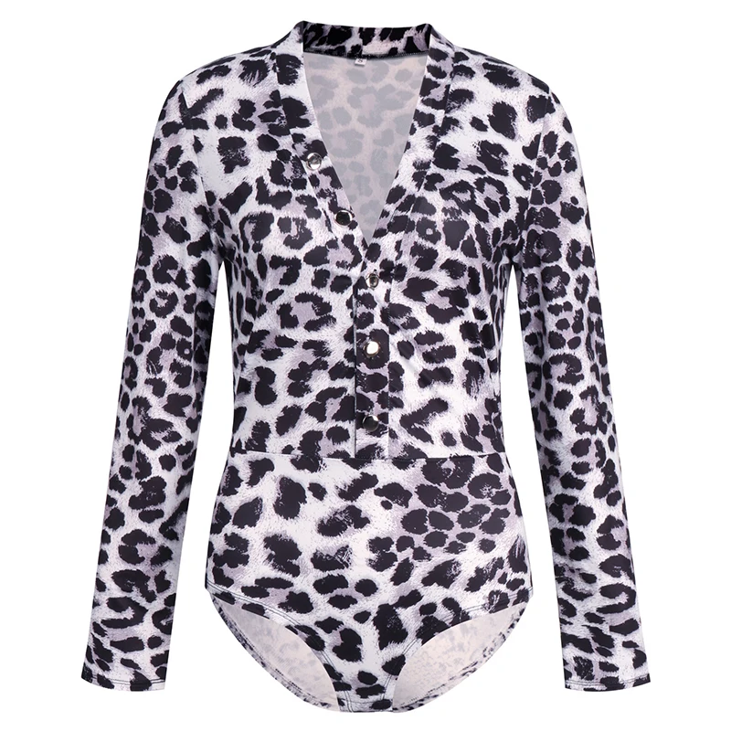 Black Leopard Print Женские леопардовые сексуальные боди со змеиным принтом, женские боди на пуговицах с v-образным вырезом и длинным рукавом для ночного клуба, боди-топ, комбинезон GV551 - Цвет: Black Leopard Print