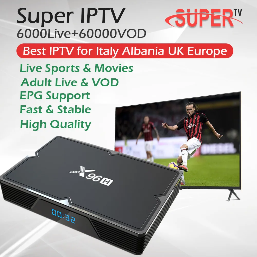 

SUPER IPTV X96H Android 9.0 Smart TV Box H603 Quad-core wifi BT4.1 6k Set Top Box+German Italian English Adult IPTV Subscription