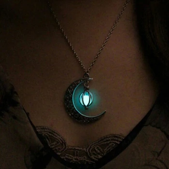 

2020 Moon Glowing Necklace Gem Charm Jewelry Silver Plated Women Halloween Pendant Hollow Luminous Stone Pendant Necklace Gifts