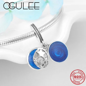 

New 925 Sterling Silver Galaxy Blue Stars Enamel Moon Star Bead charm Pendant Fit Original Pandora Charm Bracelet Jewelry making