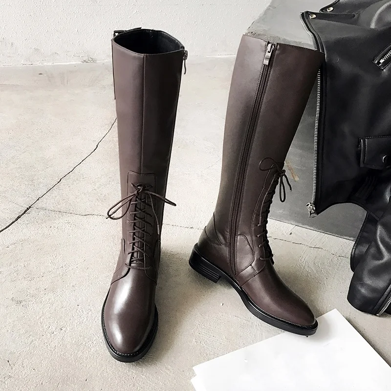 brown ZVQ/Новые модные зимние сапоги до колена удобные женские туфли на низком каблуке с круглым носком из натуральной кожи женские туфли на молнии, Прямая поставка - Цвет: brown