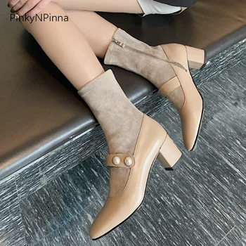 

luxury women chic ankle boots cowhide pearl buckle stretchy flock chunky high heels office lady winter booties large size shoes