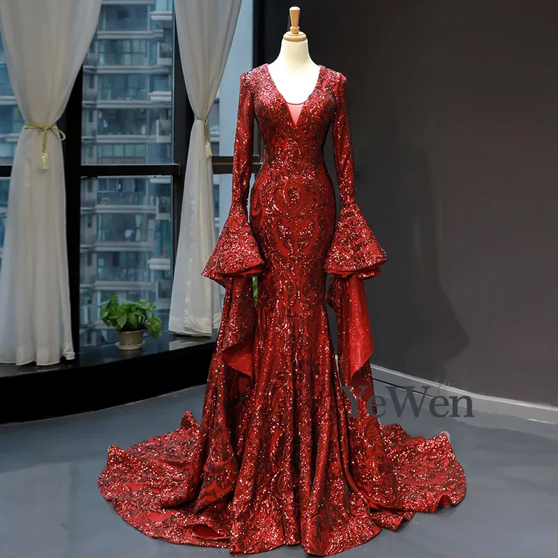 Красное роскошное вечернее платье Vestidos De Fiesta De Noche, сексуальное вечернее платье с v-образным вырезом, Длинное Элегантное официальное платье русалки YM20250