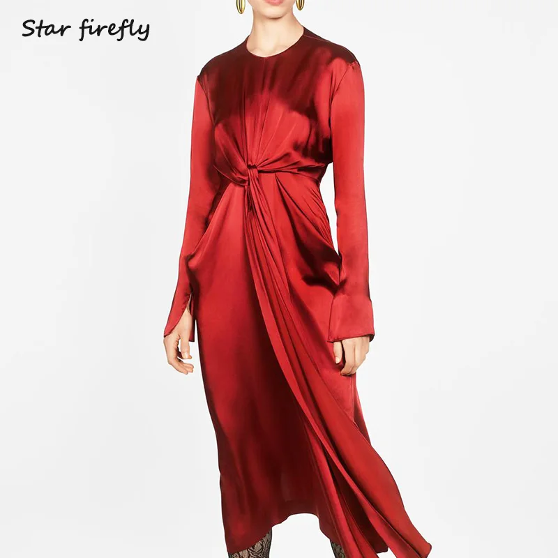 

Star firefly casual slim round neck solid color long-sleeved dress female 2019 elegant satin bow party dress women