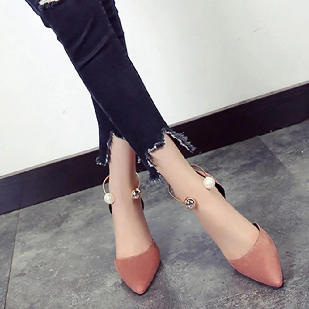 

Women Pointed Single Shoes pearl Ring Thin Heel Shallow Hollow One Word Buckle Low Top Sandals New High Heels Single Shoes #C3