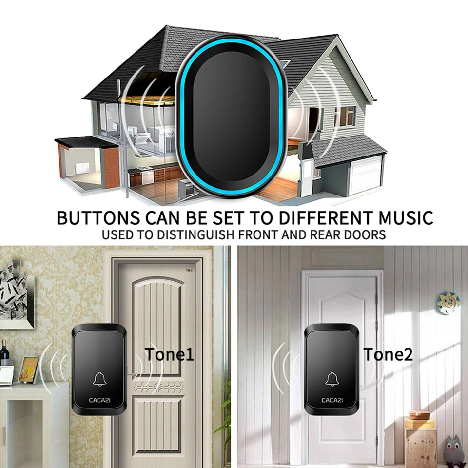 CACAZI Waterproof Wireless Doorbell LED light 300M Range Remote Home call bell 58 chimes US EU Plug 4 Battery Button 1 Receiver