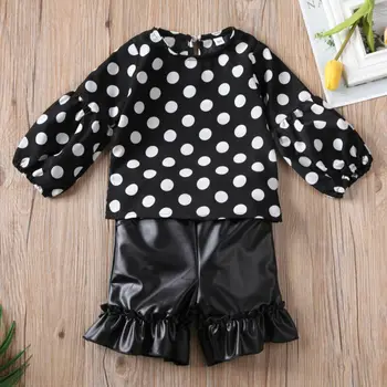

1-6T Pudcoco Dot Outfits for Fashion Toddler Baby Girl Kid Set Polka-dot Tops PU Leather Ruffles Black Shorts Pants Clothes 1-6Y