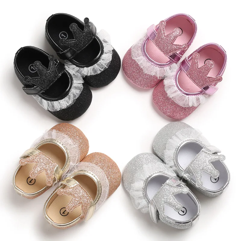 

4 Colors Newborn Baby Girls Crib Shoes Princess Lace Sequined Print Soft Sole Sneakers Prewalkers 0-18M