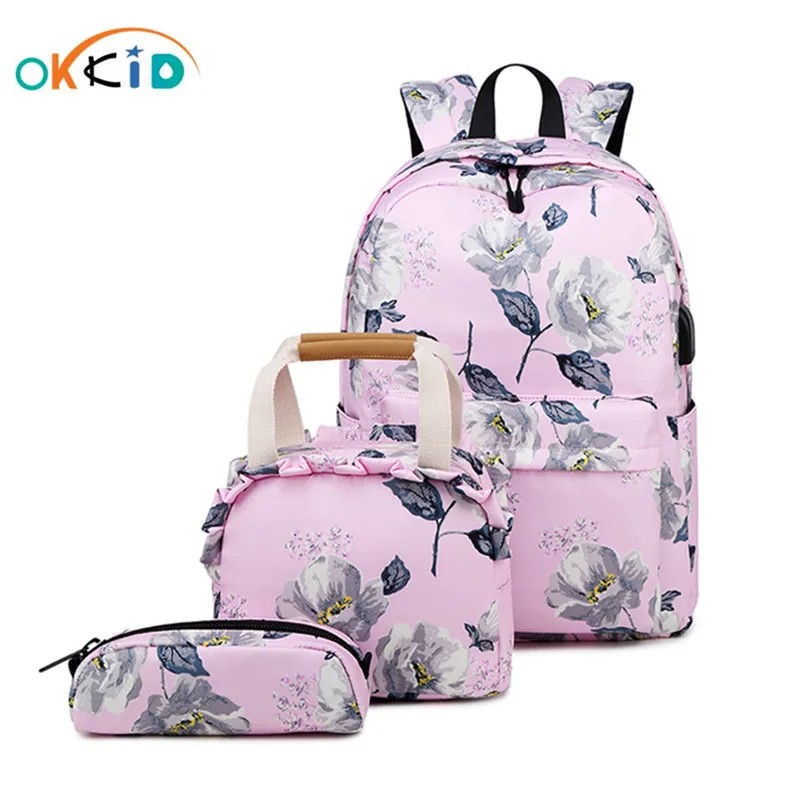Детский Школьный рюкзак OKKID розовый или черный с цветочным принтом для