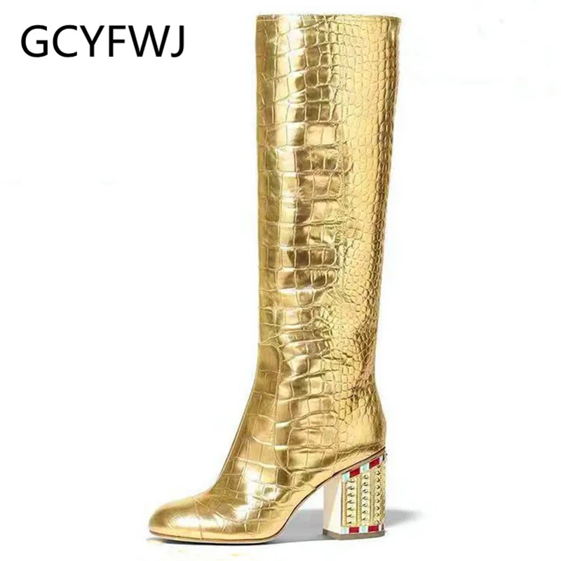 

GCYFWJ European American Golden Plating and Sleeve Walking Show Brand Mid-barrel Boots Fashionable Crocodile-grain Women's Botas