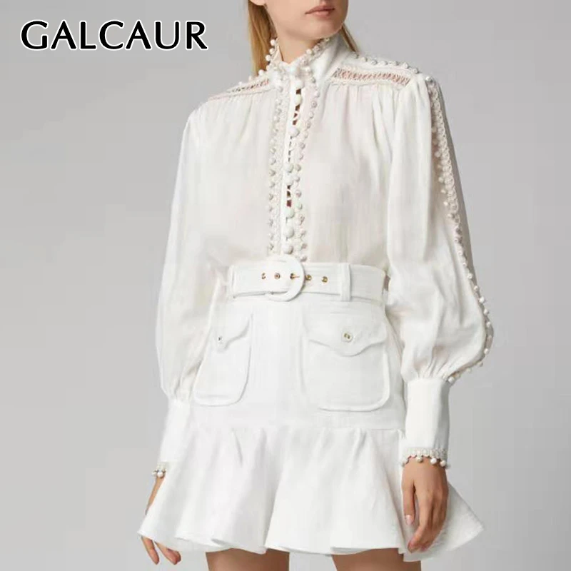 

GALCAUR Hollow Out Patchwork Pearl Women's Shirts Stand Collar Lantern Long Sleeve Shirt Blouse Female Summer Fashion 2019 New