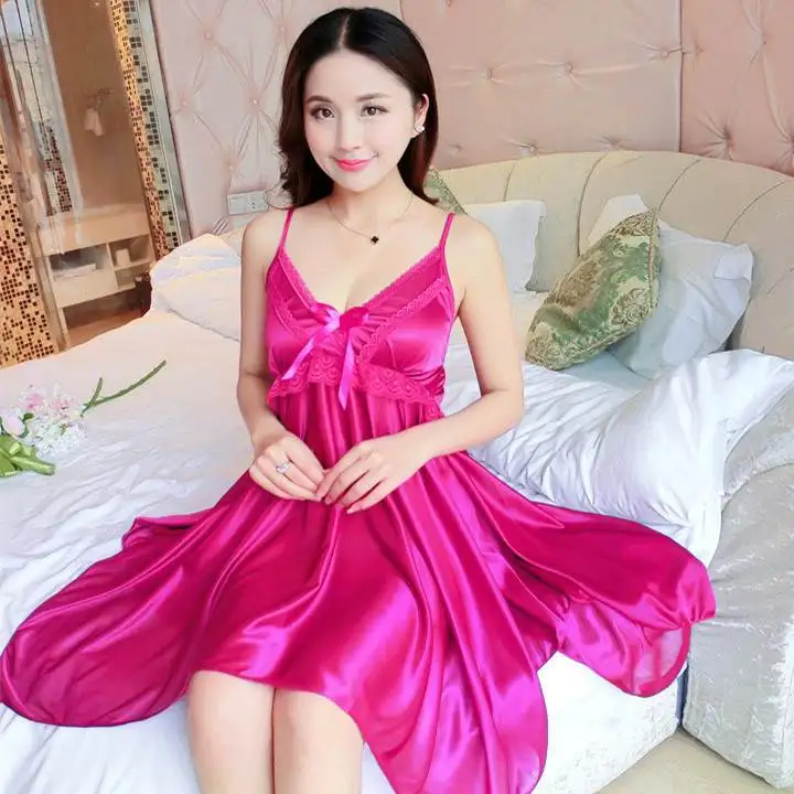 Sexy Open Back Silk Satin Night Dress Ladies Pornstar Nighties V-neck Nightgown Charming Exotic Apparel Lace Sleepwear Nightwear