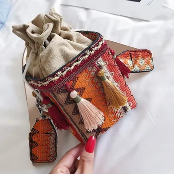 

Straw Bucket Bags For Women Ethnic Style Woven Crossbody Bags Lady Travel Purses and Handbags Female Shoulder Messenger Bag