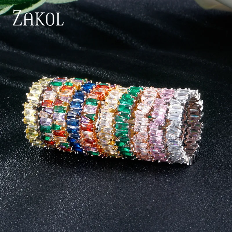 ZAKOL Fashion Luxury Multicolor Charm AAA Baguette Cubic Zirconia Wedding Rings for Women T Shape Stone Party Jewelry FSRP252