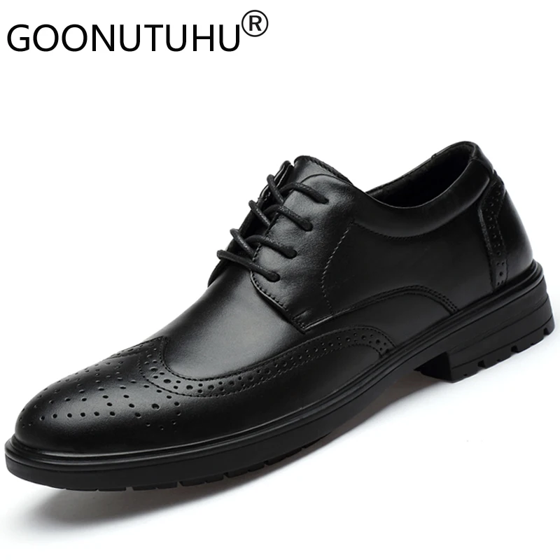 style fashion men's shoes dress genuine leather mlae classic black lace up formal shoe man nice office brogue shoes for men