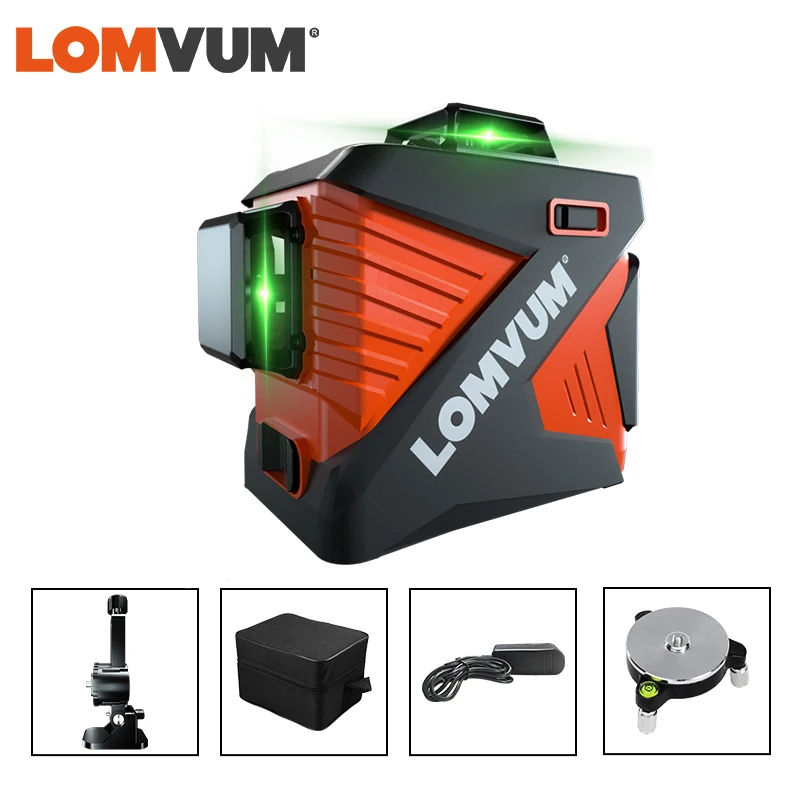 LOMVUM 3D лазерный уровень 12 линий зеленый луч 360 вертикальный горизонтальный