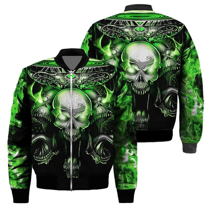 genuine leather bomber jackets New 3d jacket skull print men's and women's autumn and winter flight jacket sweater zipper jacket large size oversized cotton ba leather field jacket Casual Faux Leather