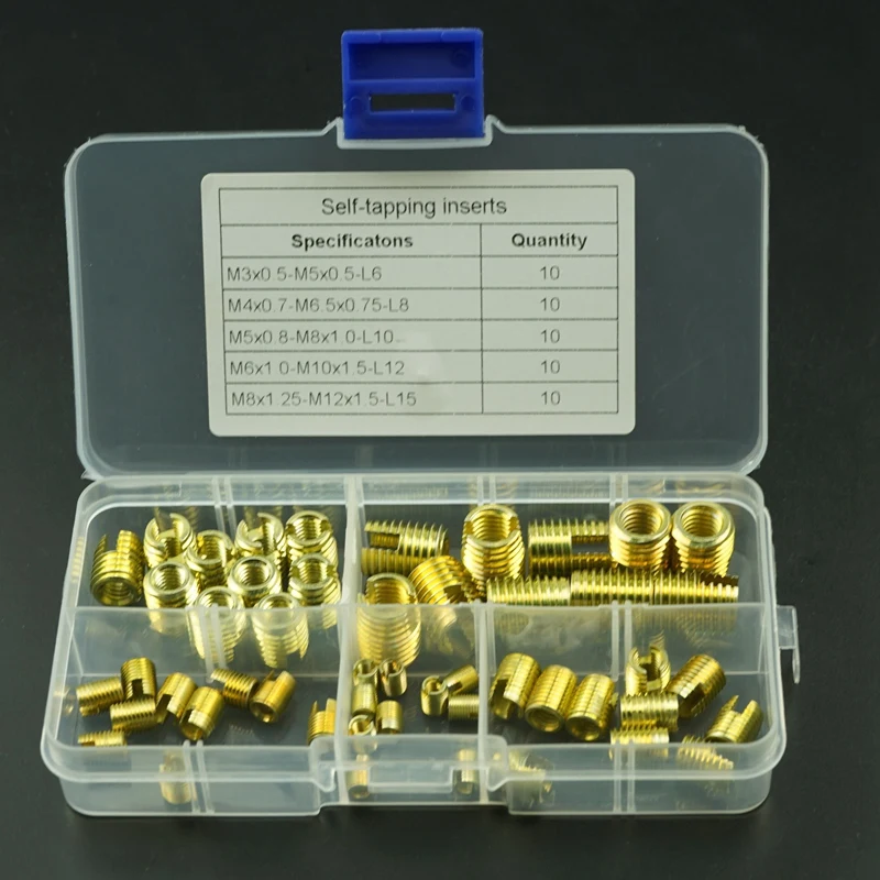 Insert-50Pcs резьбы, латунный тон, саморезы, щелевые вставки, комбинированный набор, инструмент для ремонта резьбы