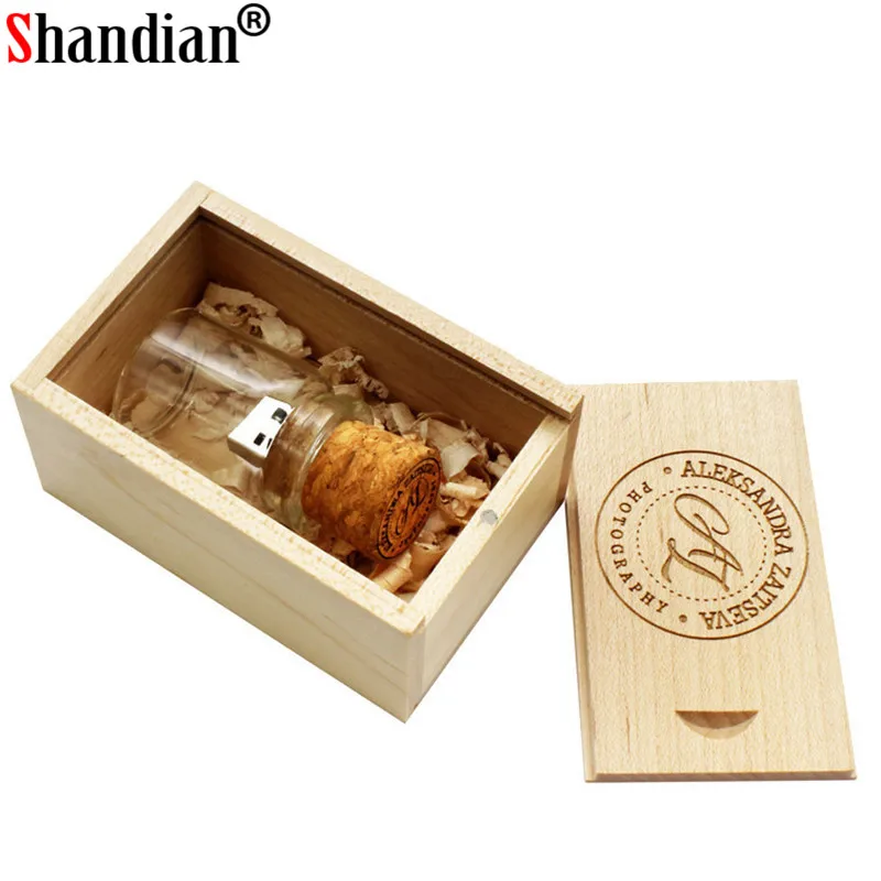 SHANDIAN бесплатный логотип стеклянная бутылка USB + коробка флэш накопитель Флешка 64