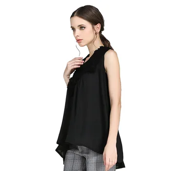 

BONJEAN Lace Patchwork T Shirt for Women 2020 Summer Tops and Tees Sleeveless Chiffon Shirt Loose Black Tank Shirt BJ1446