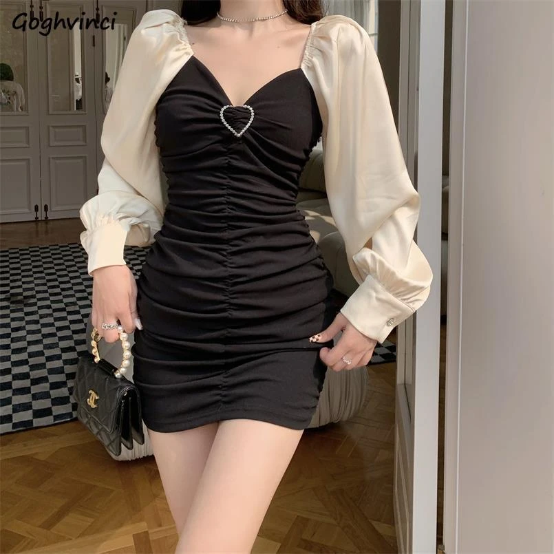 Long Sleeve Dress Women Patchwork Design Mini Retro Temperament French Tunic Vestidos Clubwear All-match Girls Elegant Fashion a line dress