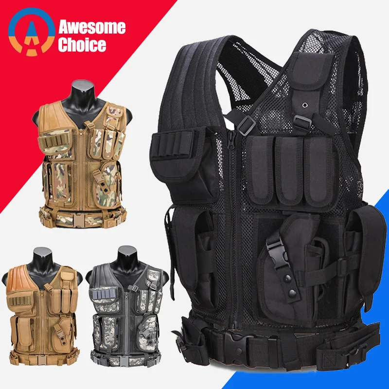 

Model 045 Men Military Tactical Vest Paintball Camouflage Molle Hunting Vest Assault Shooting Hunting Plate Carrier With Holster