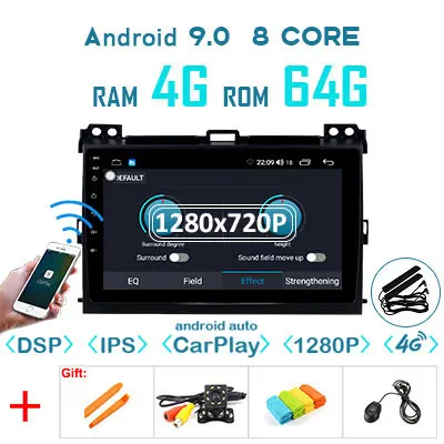 1280P Android 9,0 4G 64G Carplay gps для Toyota LAND CRUISER Prado 120 Lexus GX470 мультимедиа DSP ips экран стерео без DVD Радио - Цвет: 4G64 1280carply-NO C