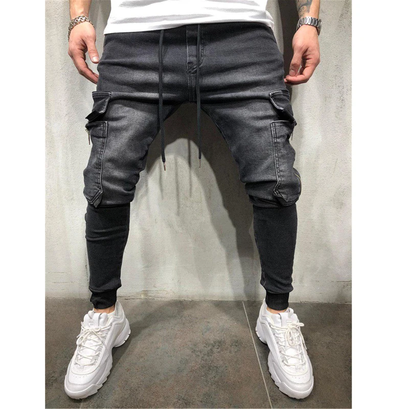Cheap Men Stretchy Multi-pocket Skinny Jeans men pocket zipper pencil Pants 2019 fashion jeans Casual Trousers Hip hop sweatpants