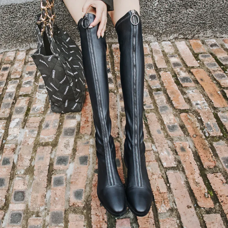 

Meotina Winter Over The Knee Boots Women Natural Genuine Leather Block Heel Thigh High Boots Sexy Slim Stretch Zipper Shoes Lady