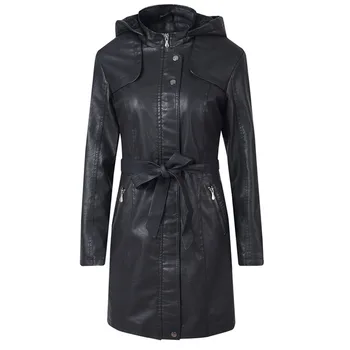 

New Autumn Women Coat Casual PU Leather Winter Slim Zipper Long Sleeve Long Bandage Jacket Warm Femme Coat #816