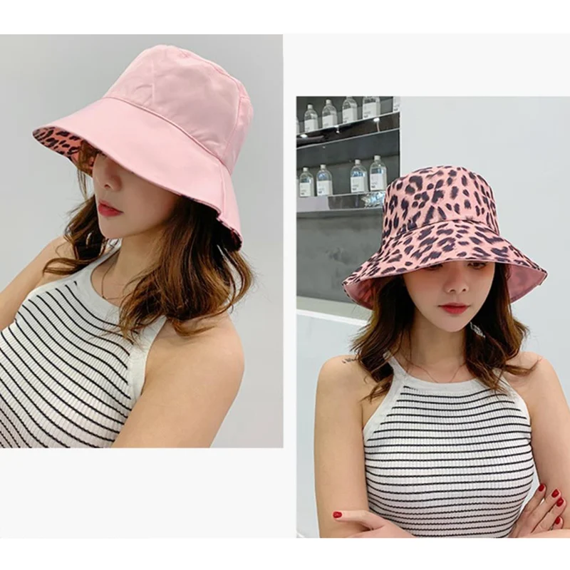 Women Bucket Hat Leopard Print Comfortable Breathe Foldable Beach Flat Top Sun Fishing Hat Flat Panama Hat Street