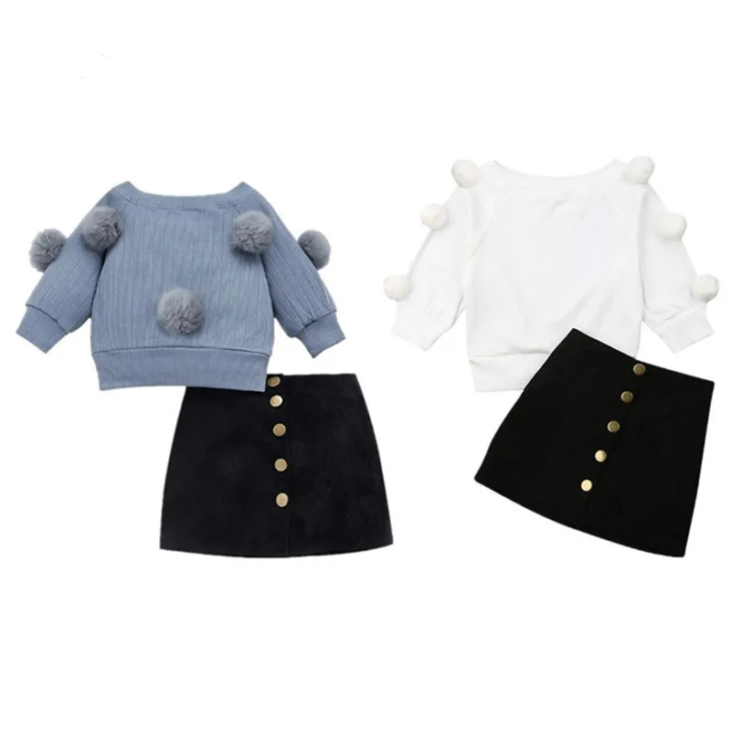 Комплекты осенней одежды для маленьких девочек От 1 до 6 лет вязаный свитер с длинными рукавами и помпонами+ мини-юбка на пуговицах теплые комплекты одежды