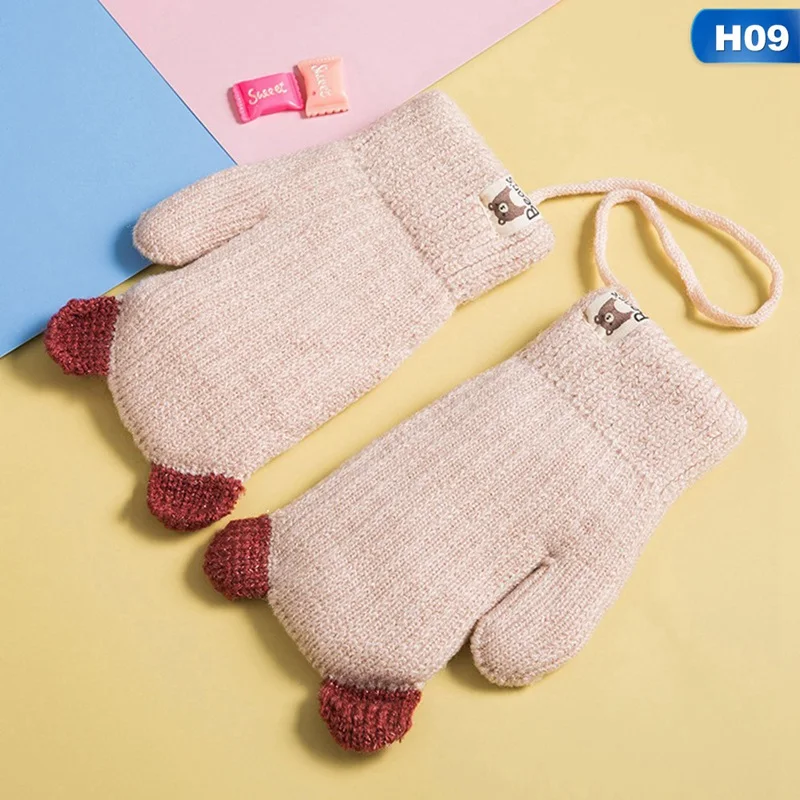 H09 1 пара милых детских перчаток с рисунками из мультфильмов, зимние бархатные плотные теплые перчатки для мальчиков и девочек, шерстяные вязаные детские варежки на палец - Цвет: H09