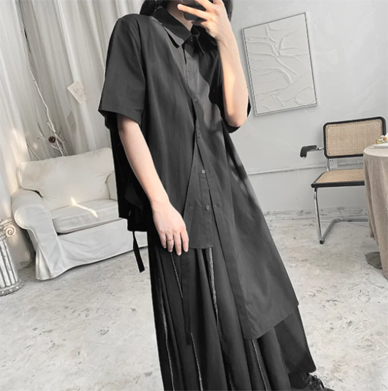 Summer women's new irregular asymmetrical design short-sleeved shirt square collar solid color short-sleeved shirt trend