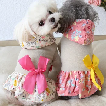 

Dog Winter dress Coat Thickening Princess Skirt Pet Clothes With Floral Printed Fluffy and Bowknot Dress For Small Dog