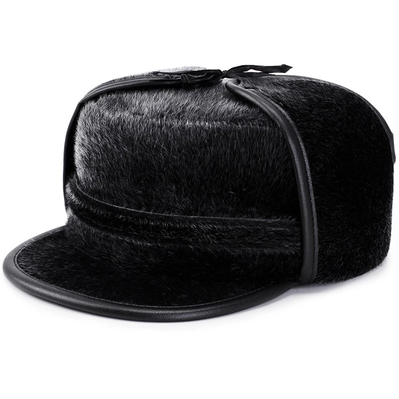 

2020 New Imitation Mink Fur Dad Baseball Cap Middle Aged Old Age Fashion Solid Color Ear Flap Flat Top Winter Men Hats