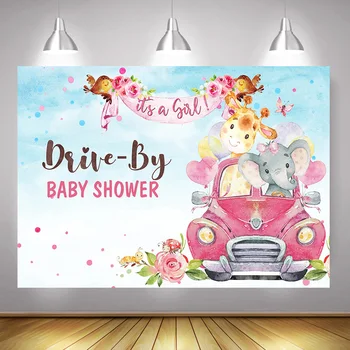 

Drive By Baby Shower Backdrop Photography Newborn Girl Photocall Safari Animal Party Selfie Background Wave Pink Car Parade Honk