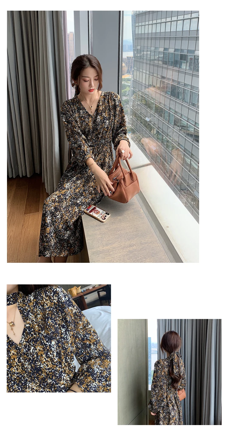 Vintage Print Holiday Boho Dress Women Long Sleeve Robe Femme Autumn Beach Sundress Korean Ladies Fashion Long Dress Vestidos
